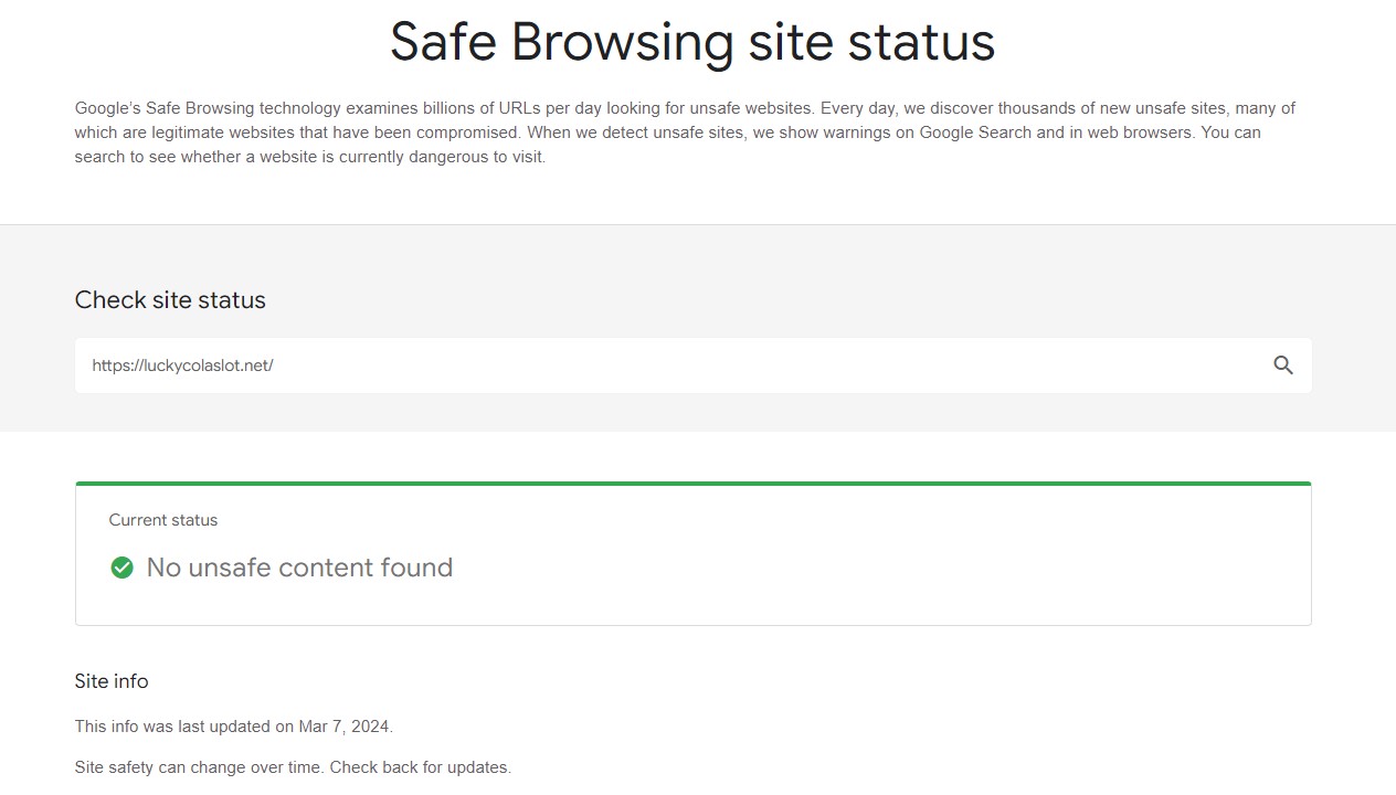 Google Transparency Report tool no unsafe content found.